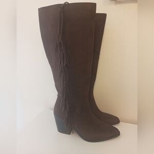 Brown Suede Fringe Knee-High Riding Boots